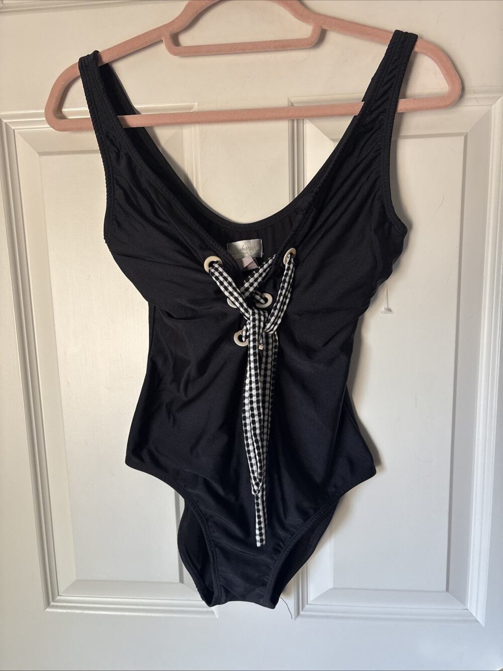 Shoshanna Shiny Black Lace Up One Piece Swimsuit MSRP $209 Size S gingham laceup